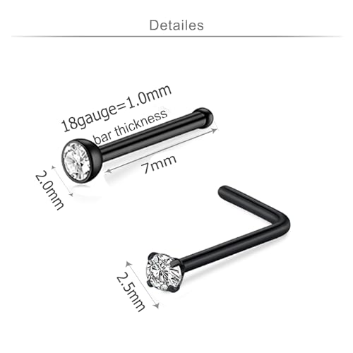 18 Nose Rings Studs Surgical Stainless Steel Hypoallergenic L Shaped Nose Piercing Jewelry for Women Men Silver Black Nostril Hoop Rings 18 Gauge - style: C5