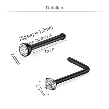 18 Nose Rings Studs Surgical Stainless Steel Hypoallergenic L Shaped Nose Piercing Jewelry for Women Men Silver Black Nostril Hoop Rings 18 Gauge - style: C5
