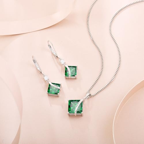Square Princess Cut Necklace 925 Sterling Silver Solitaire Pendant Necklace Birthstone Jewelry Gifts for Women - color: 05 May - Emerald