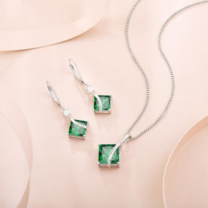 Square Princess Cut Necklace 925 Sterling Silver Solitaire Pendant Necklace Birthstone Jewelry Gifts for Women - color: 05 May - Emerald