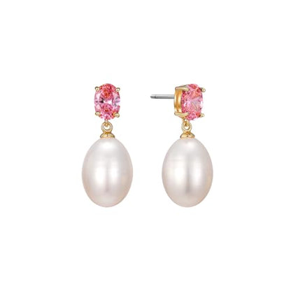 Pearl Drop Earrings Cubic Zirconia Stone Pearl Stud Earrings for Prom, Bridesmaids, Birthday Women Jewelry - color: Pink CZ Stone