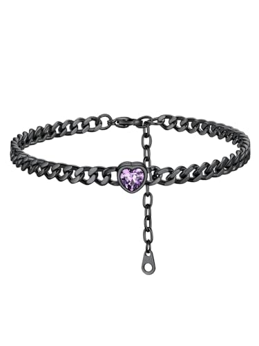 ChainsHouse Cuban Chain Anklets for Women with Heart Birthstone Jan - Dec | Stainless Steel Black Link Chain Ankle Bracelet with Birthstone, Beach Women Anklet 22cm-27cm Adjustable, with Gift Box - color: 02. Feb-Amethyst-Black