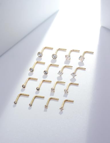 18G 20G 22G Round Cubic Zirconia Nose Rings Studs for Women Men 316L Stainless Surgical Steel Nose Ring Stud Piercing Jewelry Silver Gold Clear CZ 1.5mm 2mm 2.5mm 3mm - style: 22G L Shaped Gold