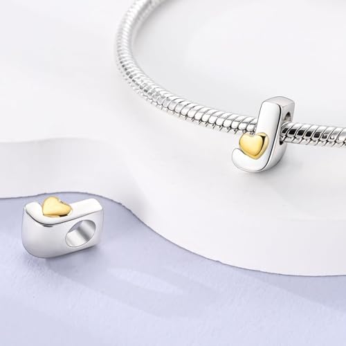 Two-Tone Gold Heart S925 Silver Letter Charm Fits Pandora Bracelet Necklace | Initial Bead Two-Tone Gold Heart, DIY European Bracelet Accessory, Gift for Ladies Birthday Anniversary Valentine - style: J