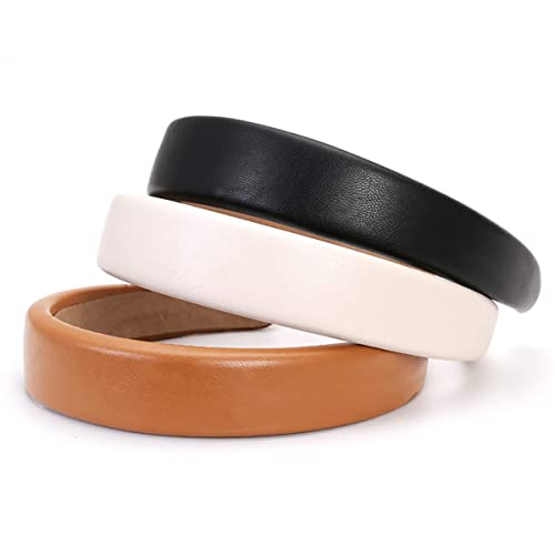 3 Pack Padded Leather Headbands for Women - Fashion Wide Non-Slip Hair Hoops - color: Black, white,Brown-B
