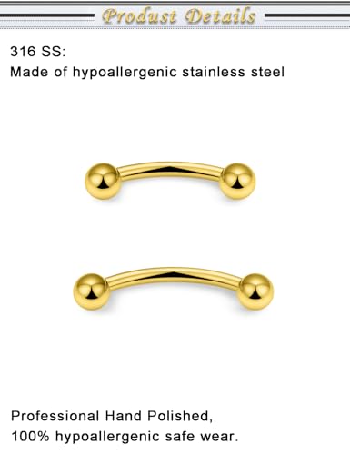 Eyebrow Piercing Jewelry Surgical Steel Vertical Labret Lip Jewelry Curved Barbell Tiny Eyebrow Ring Ear Rook Navel Small Belly Button Ring for Women Men 16g Bar Length 6mm/8mm/10mm/12mm - color: goldtone,ball