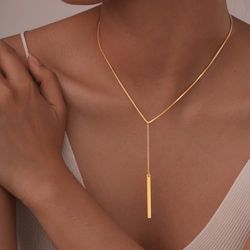 Stainless Steel Box Chain Y-Necklace, Long Rectangular Tassel Pendant, Gold Minimalist Choker 40cm for Women