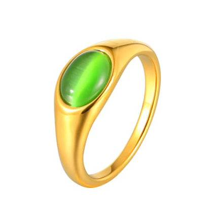 HIJONES Women's Stainless Steel Oval Opal Gemstone Dome Stacking Signet Ring Charming Wedding Jewelry - color: Green Stone