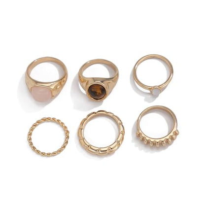 Rrdaily 14K Gold Plated Stackable Knuckle Rings Set for Women Trendy Chunky Simulation Gemstone Signet Rings Dainty Midi Finger Rings Pack Aesthetic Statement Jewelry for Bridesmaid Wedding Gifts - style: 6 Pcs Gold