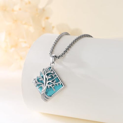 S925 Sterling Silver Tree of Life Necklace For Men Women Abalone/Turquoise/Vintage Retro Oxidation/ Famtima Hand/Round/Square/Teardrop/Rectangle/Oval Family Tree Pendant Necklaces Jewelry Gifts For Valentine's Day Christmas Mother's Day - style: Square Tu