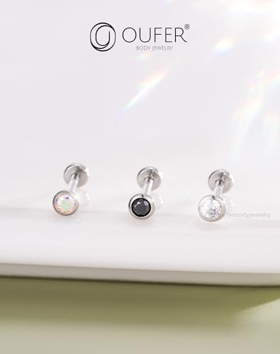 OUFER 2Pcs 20G/18G/16G G23 Titanium Threadless Nose Stud Earrings Flat Back Tiny CZ Small Nose Helix Cartilage Tragus Conch Labret Medusa Monroe Piercing Jewelry for Women Men - color: Silver Black, size: 2pcs, 20g 7mm, 2.5mm cz