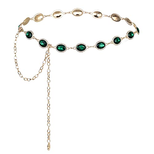 ILuvatar Green Glass Diamond Chain Belt - Metal Women's Western Style Dress Belt - color: Green-s1