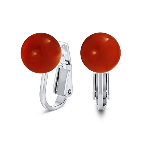 Classic Genuine Birthstone Ball Clip On Earrings .925 Sterling Silver 8MM - color: Red