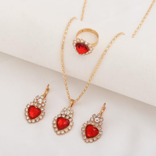 Teardrop/Heart Crystal Jewelry Set for Women, Gold Tone Rhinestone Necklace Earrings Ring Set, Wedding Bridal Prom Party Jewelry Gift - color: Red (Heart)
