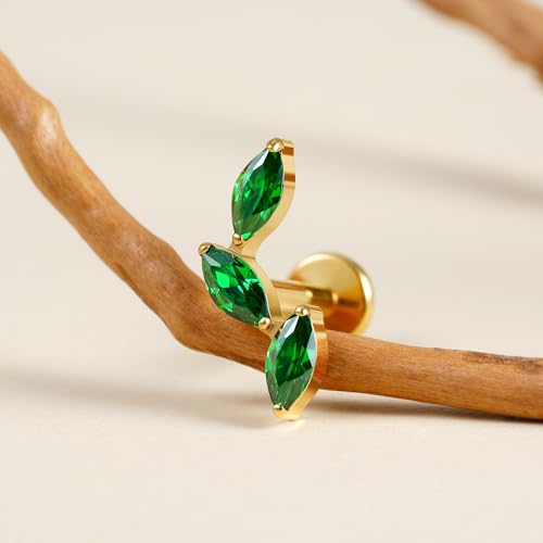 FINE4U 16G CZ Cluster Climber Cartilage Earring for Helix, Tragus - ASTM F136 Titanium Triple Marquise Labret Stud, Screw on Nickel Free Flat Back Jewelry - color: Triple Marquise - Green CZ - Gold