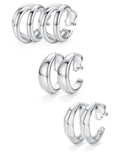 Giovanchi 3Pairs Clip on Earrings for Women with Non-Pierced Ears - Trendy Hypoallergenic 14K Gold Plated Chunky Tube Croissant Waterdrop Clip on Hoop Earrings - style: C-Silver
