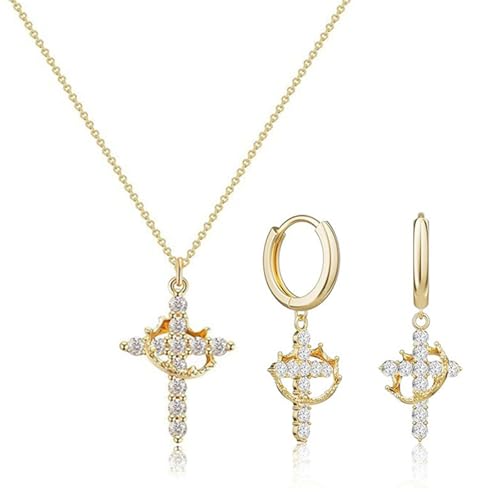 Gold Crown Cross Hoop Earrings and Pendant Necklace Set for Women, 14K Gold Plated Brass, Cubic Zirconia Huggie dangle Earring Jewelry, Trendy Dainty Christian Jewelry Gift