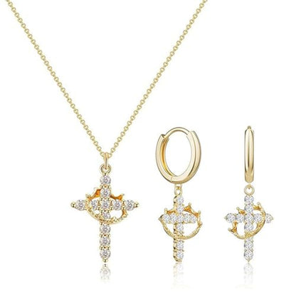 Gold Crown Cross Hoop Earrings and Pendant Necklace Set for Women, 14K Gold Plated Brass, Cubic Zirconia Huggie dangle Earring Jewelry, Trendy Dainty Christian Jewelry Gift