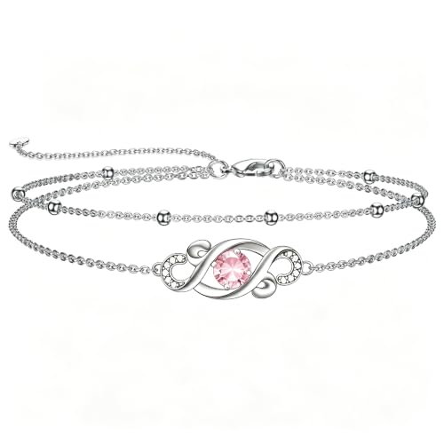 Dorunmo Birthstone Infinity Love Bracelet for Women 925 Sterling Silver Sparkling Gemstone Double Layered Adjustable Bracelets Birthday Jewelry Gifts for Mom Women - color: 10-Oct-Pink