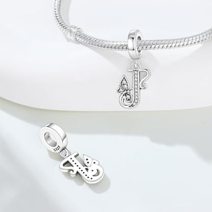 2 Pack 925 Sterling Silver Butterfly Letter Charms for Bracelets and Necklace Alphabet Initial Dangle Pendants Round Spacer Beads Pave Cubic Zirconia Jewelry Gift for Women - color: J Set