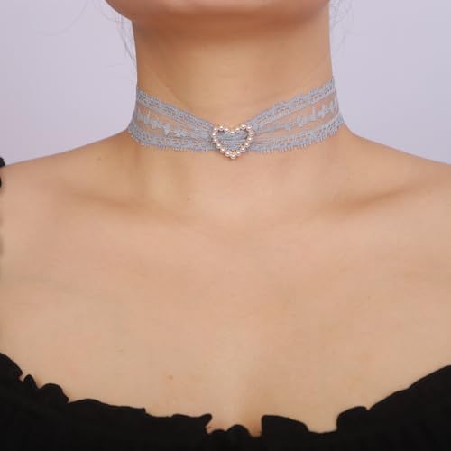 Vintage Lace Bowknot Choker Lace Pattern Collar Choker Gothic Bow-knot Neckchain Dainty Bow-knot Collar Necklace Halloween Costume Necklace for Women (blue)