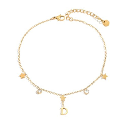 Initial Anklet for Women, 18K Gold Plated Waterproof Ankle Bracelet, Star CZ Letter A-Z Personalized Beach Foot Jewelry - color: D