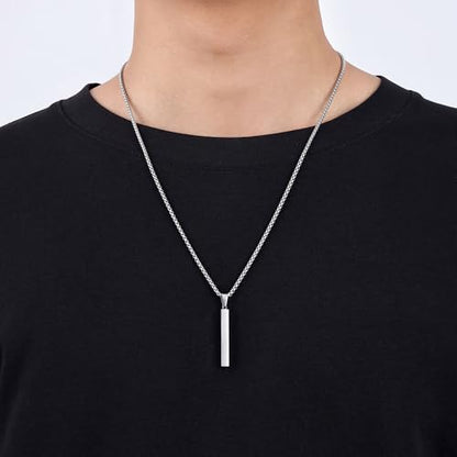 Fiusem Pendant Necklace for Men, Stainless Steel Bar Chain | Silver Tone/14k Gold Plated/Black Mens Pendant Necklaces with 2.5mm Box Chain, Jewelry Gifts 18-28 Inch - color: silver, size: 18 Inches, style: Melon Clasp Rectangle