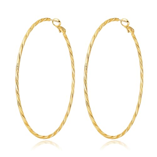 DAILY VIBES Dainty Thin Twisted Big Hoop Earrings for Women | 925 Sterling Silver Post, 14K Gold or Silver Plated Loop, Diamond-Cut Large Hoops, Hypoallergenic Hoop Earrings - color: Gold, size: 70mm