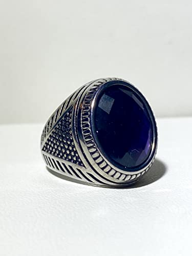 Men's Round Oval Turkish Engraved Silver Retro Vintage Stainless Steel Turquoise Onyx Women's Sapphire Lapiz Lazuli Blue Purple Stone Biker Carved Signet Punk Ring Stone Silver Ring, Anillos De Hombre