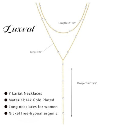 Luxval Lariat Silver Necklace for Women, Dainty Long Necklace Silver Y-Shaped Pendant Necklaces Trendy Beaded Chain Drop Necklaces Jewelry for Women Gifts - color: Gold-Y Pearl Necklace