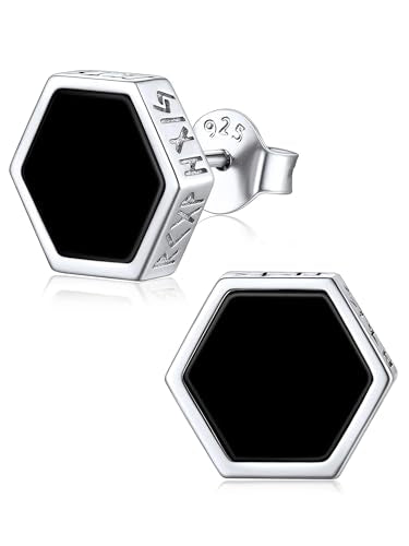 ChicSilver 925 Sterling Silver Viking Rune Natural Black Onyx Stud Earrings For Women Men - style: D: Hexagon Black Onyx