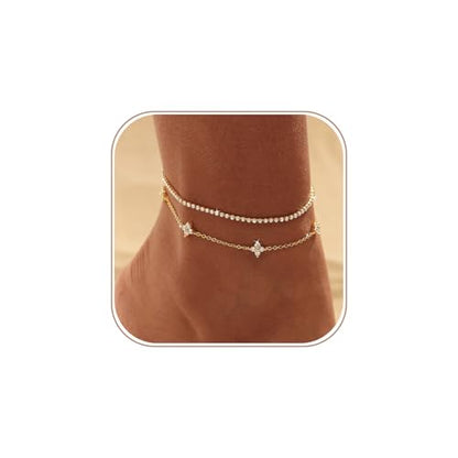CAROVO Gold Ankle Bracelets for Women Waterproof,14K Gold Plated Bead Leaf Heart Dot Satellite Chain Layered Anklets Non Tarnish Summer Beach Jewelry Gift for Women - style: E: CZ