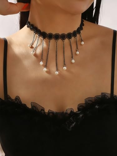 Lace Choker Necklace for Women Tassel Pendant Choker Necklaces Elegant Boho Collar Necklaces Statement Artistic Chain Necklace with Pearl Halloween Party Cosplay Costume Jewelry - color: Black Lace Pearl-1