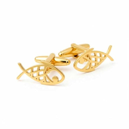 Men’s Abstract Fish Cufflinks – Stainless Steel Nautical-Themed Cuff Links with Gift Box & Polishing Cloth – Available in Silver & Gold - color: golden