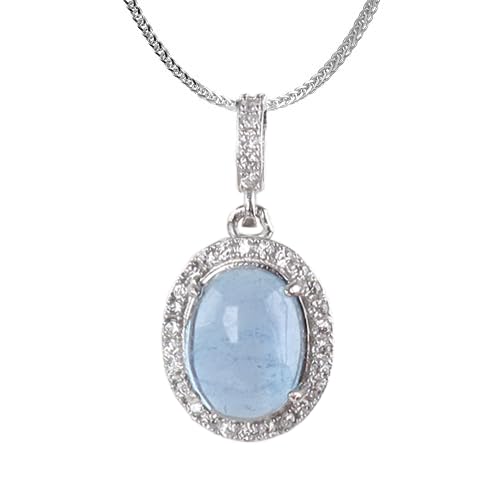 iSTONE 925 Sterling Silver Natural Crytral for Womens Pendant Necklace, Gemstone Birthstone with 17.8" Silver Chain Ladies - color: Oval Aquamarine