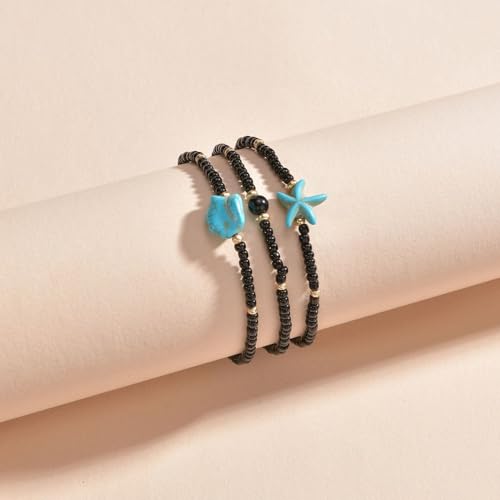 Boho Shell Anklets for Women, 3-Pack Layered Waterproof Ankle Bracelet, Seashell & Starfish Bead Foot Jewelry for Summer Beach Outfits - color: Starfish Black