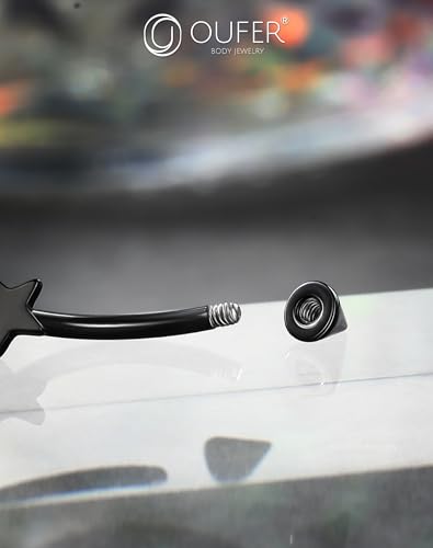OUFER Rook Piercing Jewelry, G23 Solid Titanium Eyebrow Rings, Heart Vertical Labret Lip Jewelry, 16G Curved Barbells, Daith Rook Earrings for Women Men - color: Black Star, size: 16G 8mm