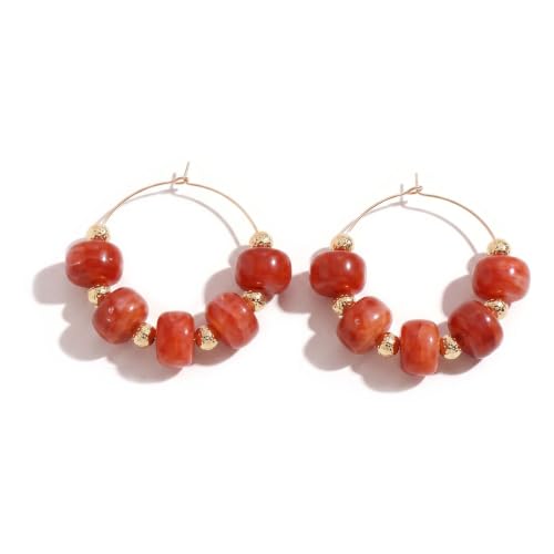 Colorful Beaded Earrings for Women Beaded Hoop Earrings | Chunky Acrylic Resin Boho Statement Drop Earrings Trendy Summer Beach Jewelry Accessories Gifts - color: Red