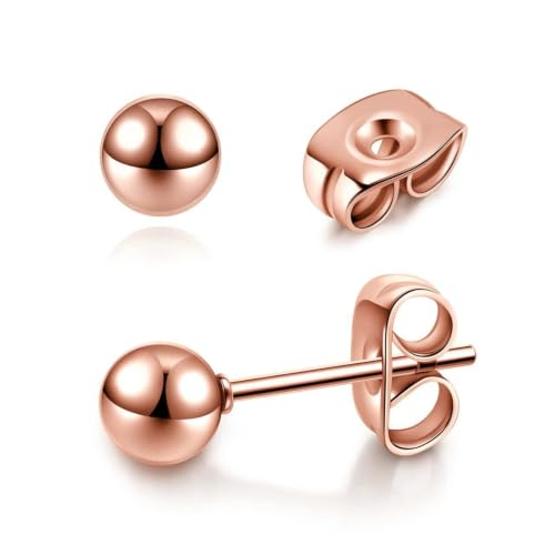 3/4 Pairs Stainless Steel Ball Stud Earrings, High Polished Round Ball Earrings Set for Women & Men 4-10mm - color: Rose Gold