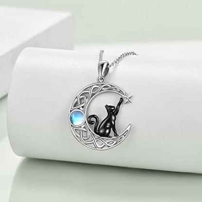 925 Sterling Silver Moon Black Cat Necklace for Women Cat Jewelry - style: A-Black Cat Moonstone Necklace