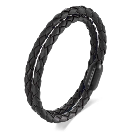 Braided Leather Bracelet，Double Wrap Bracelet with Black Stainless Steel Clasp, Two- way of Wearing as Mens Bracelet or Womens Choker Necklace, Urban and Minimalist Style - color: Black