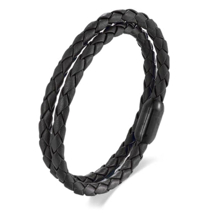 Braided Leather Bracelet，Double Wrap Bracelet with Black Stainless Steel Clasp, Two- way of Wearing as Mens Bracelet or Womens Choker Necklace, Urban and Minimalist Style - color: Black