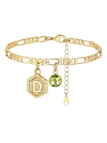 Custom4U Personalized Initial Ankle Bracelets for Women 14K Gold Plated Dainty CZ Birthstone Hexagon Letter Initial Anklets for Women Adjustable Silver/Gold Foot Chain Summer Beach Jewelry Gifts - color: Gold Hexagon-D
