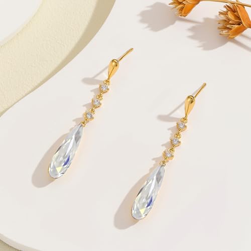 VONSSY Austrian Crystal Teardrop Drop Dangle Earrings Gold Plated Silver Post Zircon Gemstone Jewelry Gift for Woman Girlfriend Mom Wife - color: White