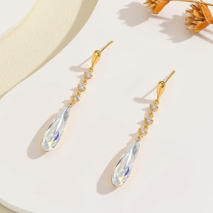 VONSSY Austrian Crystal Teardrop Drop Dangle Earrings Gold Plated Silver Post Zircon Gemstone Jewelry Gift for Woman Girlfriend Mom Wife - color: White