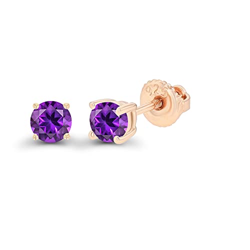 14K Gold Plated 925 Sterling Silver Hypoallergenic 4mm Round Genuine Birthstone Solitaire Screwback Stud Earrings - color: Amethyst