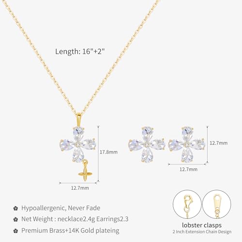 14K Gold Plated | 14K Platinum Plated Necklace for Women Necklace Earrings Set with Sparkling Zircon Inlay and Silver Post Earrings - color: Cross fringe set gold