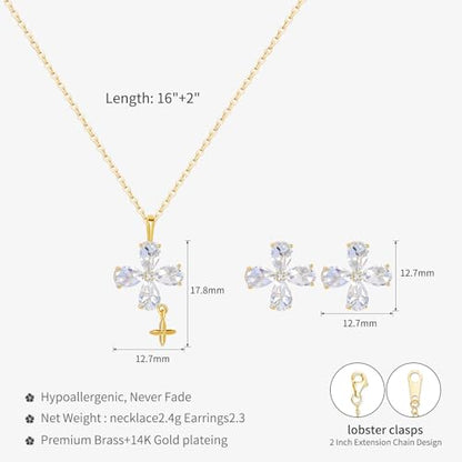 14K Gold Plated | 14K Platinum Plated Necklace for Women Necklace Earrings Set with Sparkling Zircon Inlay and Silver Post Earrings - color: Cross fringe set gold