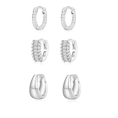 3 Pairs Huggie Hoop Earring Set 18K Gold Plated Cubic Zirconia Cartilage Earrings, Multi Piercings Ear Jacket Earring Climber Stud Earring for Women Everyday Earrings - color: 3 CZ Silver