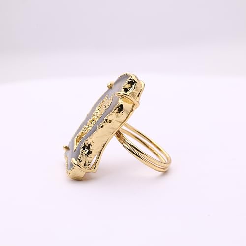 Ring Geode Druzy Slice Unique And Stylish Statement Gold Plated Jewelry Natural Gemstone Stone size 25-35 mm Approximately Adjustable Shank US Scale Size 6-9 - color: Gray, 3